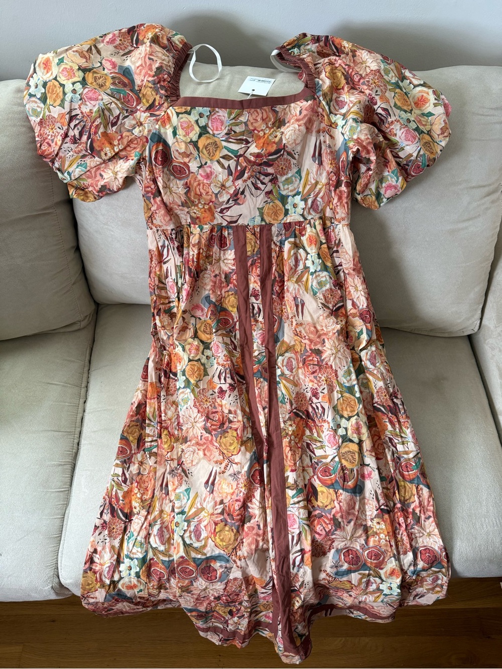 Lucy in the Sky Floral Puff-Sleeve Midi Dress - Pink, Rust & Yellow